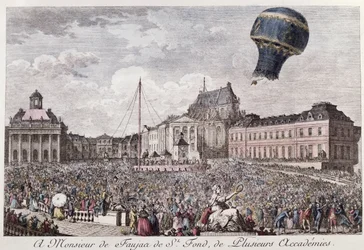 Pokus bratří Montgolfierů ve Versailles s letem kohouta, kachny a ovce v horkovzdušném balonu montgolfiéře dne 19. září 1783