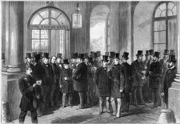 Prodloužení prezidentského období marechala z Mac-Mahonu (Mac Mahon), založení septennatu ve Francii, listopad 1873: pohled na vstupní dveře Assembllee de Versailles, v den projednávání prorogace. Zleva doprava