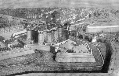 Vnější pohled na Bastille v Paříži v roce 1650.