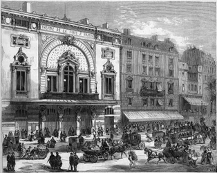 Vnější pohled na divadlo Porte Saint Martin v Paříži, přestavěné v roce 1873. Rytina v „“ Le Monde Illustré““ č. 856 ze dne 6. září 1873.