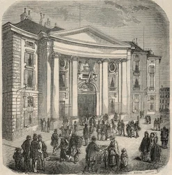 Vnější pohled na právnickou školu, Place du Pantheon v Paříži - rytina v „Tableau-de-Paris“ od Edmonda Texiera 1852
