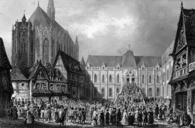 Vnější pohled na budovu soudu. V „Notre Dame de Paris“ od Victora Huga, rytina z roku 1844.
