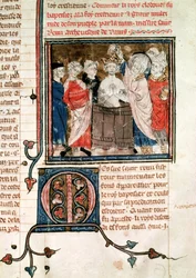 F.11r St. Remigius (asi 438-533) biskup z Remeše, křest a pomazání Chlodvík I. (465-511) král Franků, z Grandes Chroniques de France, 1375-79