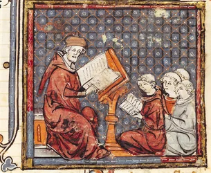 F.277r Filozof vyučující v Paříži, z Grandes Chroniques de France, 1375-79