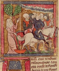 F.288r Ferdinand Portugalský (1186-1233) hrabě z Flander zajat jako zajatec do Paříže po bitvě u Bouvines, 27. července 1214, Grandes Chroniques de France, 1375-79