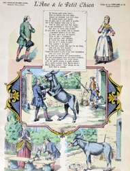 Fable de La Fontaine „Osel a malý pes“. Obrázek Epinal-Pellerin