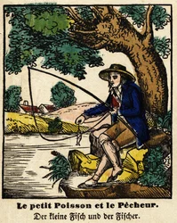 Fables de La Fontaine: Rybička a rybář. Obrázek Epinal, první polovina 19. století.
