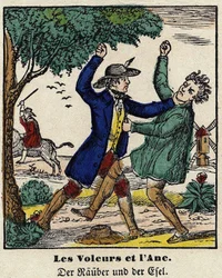 Fables de La Fontaine: Zloději a osel. Obrázek Epinal, první polovina 19. století.