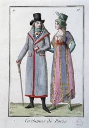 Móda pod vedením: pár elegantních Pařížanů. Anonymní litografie z roku 1795. Paříž, muzeum kostýmů