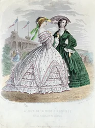Módní pařížské dámy u moře, 1861 (barevná rytina)