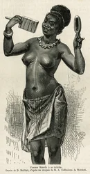 Femme Okanda má svou toaletu, kresbu D. Maillarda, aby ilustrovala příběh o výletu do Gabonu a řeky Ogoue v letech 1875-1877 od Alfreda Marche. Rytina v Le tour du monde