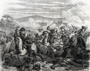 Ferdinand de Marsin smrtelně zraněn v bitvě u Turína 1706 (rytina)