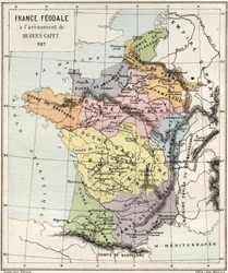 Feudalismus – Francie Feudalismus při příchodu Hugues Capet – 987 – rytina z „“ Historie Francie vyprávěná mým vnoučatům“ – od Francoise Guizota – 1872-1876