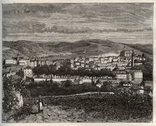 Figeac - Lot, v regionu Midi-Pyrenees - rytina v „La France illustree: geografie, historie, statistická správa“ od V.A. Sladově hnědá. 1884