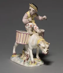 Figurka opice na psovi, výrobce Mennecy-Villeroy Factory, Francie, kolem 1760