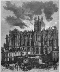 Požár Cathedrale Saint Etienne (Svatý Štěpán) v Metz (Moselle, 57), 7. května 1877. Rytina v „“ Le Monde Illustré““ č. 1049 z 19. května 1877.