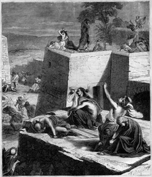 První křížová výprava (1096-1099): Německé křížové výpravy rozdrtily Maďary a zapálily města. Rytina v „Histoire des Papes-Rois-Queen and Empereurs a travers les století“ od Maurice Lachatre