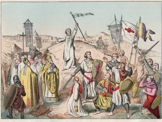 První křížová výprava: obléhání a dobytí Jeruzaléma křížovými cestami vedenými Godefroyem (Godefroi) de Bouillon (1058-1100) v roce 1099 - Godfrey de Bouillon při obléhání Jeruzaléma - Rytina konce 19. století v „“ Nos Gires Nationales - obrazy e