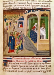 Fol.10r Zázraky, které se staly při narození Alexandra Velikého (356-323 př. n. l.) ilustrace z knihy Jeana Wauquelina, z knihy Histoire du Grand Alexandre 1460.