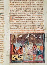 Fol.122v Kupci na jarmarku v Lenditu u Saint Denis, z Grandes Chroniques de France, 1375-79