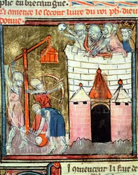 Fol. 261v Obležení Chateau de Chinon, z Grandes Chroniques de France, 1375-79