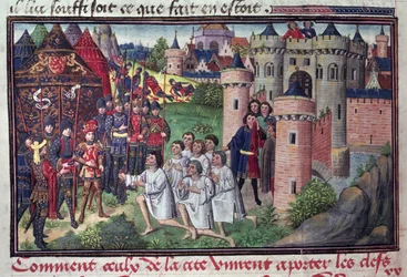 Fol.286v Jak obyvatelé Babylonu předali klíče od města Alexandru Velikému (356-323 př. n. l.) z rukopisu Jeana Vauquelina, z Histoire du Grand Alexandre, 1460