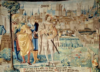 Fondation de la ville de Paris. Král František I. (1494-1547) se rozhodl založit své stálé hlavní město v Paříži, když se v roce 1527 vrátil ze zajetí. Tapiserie „Báječná historie Gaules““ z dílny Arras. 1530 Beauvais, odd
