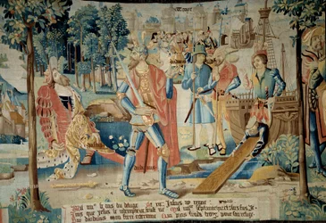 Založení města Troyes. Král Jasius je zabit svým bratrem Dardanem, který uprchl na lodi a našel Troyes (v Champagne) zastoupeného vzadu. Tapiserie „Báječná historie Gaules““ z dílny Arras. 1530 Beauvais, odjezd