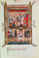 Fr 2091 fol.129 Sisinnius dává příkazy sv. Denisovi a jeho společníkům, které před něj přivedli, z Vie de St. Denis, 1317