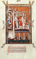Fr 2092 f.37v Sisinnius ukazující těla dalších mučedníků St. Denisovi a jeho společníkům, z Vie de St. Denis, 1317