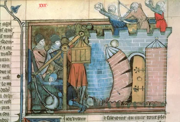 Fr 22495 fol.30 Útok na město během křížových výprav, z Le Roman de Godefroi de Bouillon