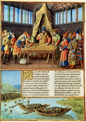 Fr 5594 f.267v Bayezid I přijímající výkupné z Passages faits Outremer napsal Sebastien Mamerot, kolem roku 1490