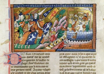 Fr 9084 f.53 Anglické vojsko útočí na hrad, z "Chronique de Guillaume de Tyr" (pergamen)