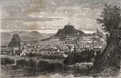 Francie, Auvergne, Haute-Loire (43), Le Puy en Velay (Le-Puy-en-Velay) - rytina v „La France illustrée: geografie, histoire, administrativní statistika“ od V.A. Malt-Brown. 1884