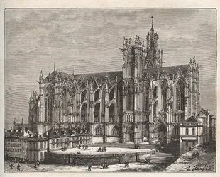 Francie, Lorraine, Moselle (57), Metz: Katedrála Saint Etienne de Metz - rytina v „La France illustrée: geografie, historie, statistická správa“ od V.-A. Sladově hnědá. 1884