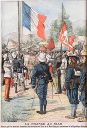 Francie přebírající území Krat a Koh-Kong, Siam po smlouvě z roku 1904 dohodnuté mezi Siamy a Francouzi, ilustrace z „Le Petit Journal“ února 1905 (rytina)