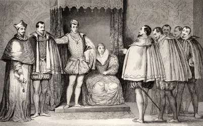 Francois II (1544-60) říká parlamentním poslancům, že vévoda z Guise a kardinál budou vládnout státu, z „Histoire de France“ od Colarta, vydaného kolem roku 1840