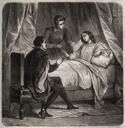 Francoise de Foix, hraběnka z Chateaubriant (asi 1495-1537), nemocná, přijímá Clementa des Marets dit Marot (1496-1544), komorníka Francois 1., na lůžku. Rytina z roku 1871 v „Histoire Des Cocus Celebres““ od Henryho de Kocka (1819-1892).