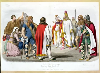 Francké a merovejské kostýmy, historická módní deska z Les Modes Francaises - Journal des Tailleurs, 1836
