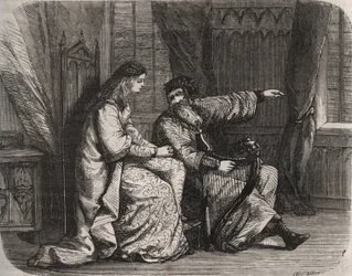 Fredegonde (545-597) se svěřuje se svými obavami harfistovi Barbantinimu, protože jeho milenec Chilperic (tehdejší král franků Chilperic I (543-597) si ho nevzal. 565. Rytina z roku 1871 v „Histoire Des Cocuses Celebres““ Henry de Kock (1819-1892