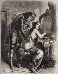 Fredegonde (545-597) vezme svého manžela, krále franků Chilperica I. (543-597), za svého milence Landerica. Král zjistí, že ho jeho žena podvádí. Rytina z roku 1871 v „Histoire Des Cocuses Celebres““ od Henryho de Kocka (1819-1892).