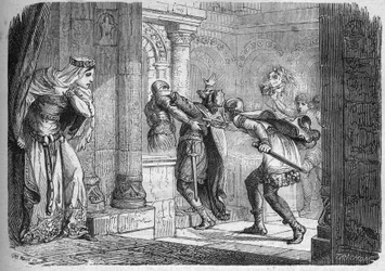 Fredegunda (asi 545-597), královna Neustrie, nechala roku 584 zavraždit Chilpericha I. (539-584). Rytina v díle „Dějiny prostituce a zhýralosti u všech národů světa od starověku po současnost“ od Dr. Th.-F. Debraye. 1879.
