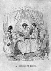 Francouzská ilustrace osoby upoutané na lůžko s dnou. 1848 (rytina)