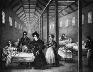 Francouzská královna Marie Amelie na návštěvě nemocnice, červen 1832 (rytina)