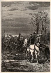 Francouzské náboženské války – říjen 1569 Náboženská válka – Rozhovory předcházející bitvě u Moncontour (Henri, vévoda z Anjou budoucí Jindřich III. a Gaspard II. z Coligny – Bitva o Moncontour (říjen 1569) – rytina z „“ Historie Francie vyprávěla na