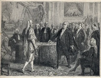 Francouzská revoluce - Valné shromáždění dne 23.06.1789: Honore Gabriel (Honore-Gabriel) Riqueti, hrabě z Mirabeau (1749-1791) oslovuje Henriho Evrarda (Henri-Evrard), markýze z Dreux Breze (Dreux-Breze) (1762- 1829). Rytina z roku 1889. Soukromá sbírka.