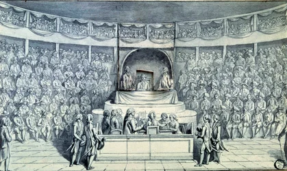 Francouzská revoluce: král Ludvík XVI. (1754-1793) u kormidla je během procesu před Národním konventem vyslýchán Antoinem Barnavem (1761-1793); konvent 21/01/1793 rozhodne o jeho trestu smrti. Anonymní kresba kolem roku 1793. Paříž, muzeum Louvre
