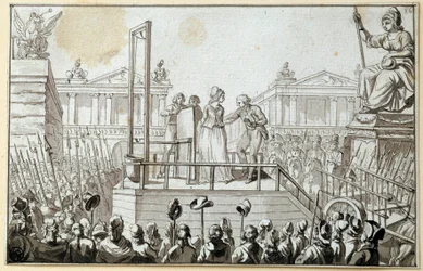 Francouzská revoluce: Kresba anonymní černou tuší: "Královna Marie Antoinetta (1755-1793) na lešení v říjnu 1793". 1793 Ne. 0,096x0,15 m. Paříž, Muzeum Louvre