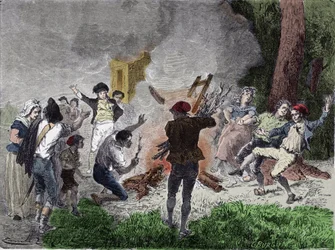 Francouzská revoluce: „“ Lidé spálili telegraf Clauda Chappeho v parku Saint-Fargeau v Menilamount v září 1792 v domnění, že se jedná o zařízení určené ke komunikaci s královskou rodinou zavřenou ve vězení chrámu““ „Rytina