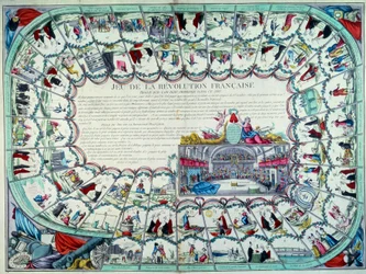 Francouzská revoluce: husí hra představující hlavní etapy revoluce a pohled na Národní shromáždění. Konec 18. století. Paříž, B.N.